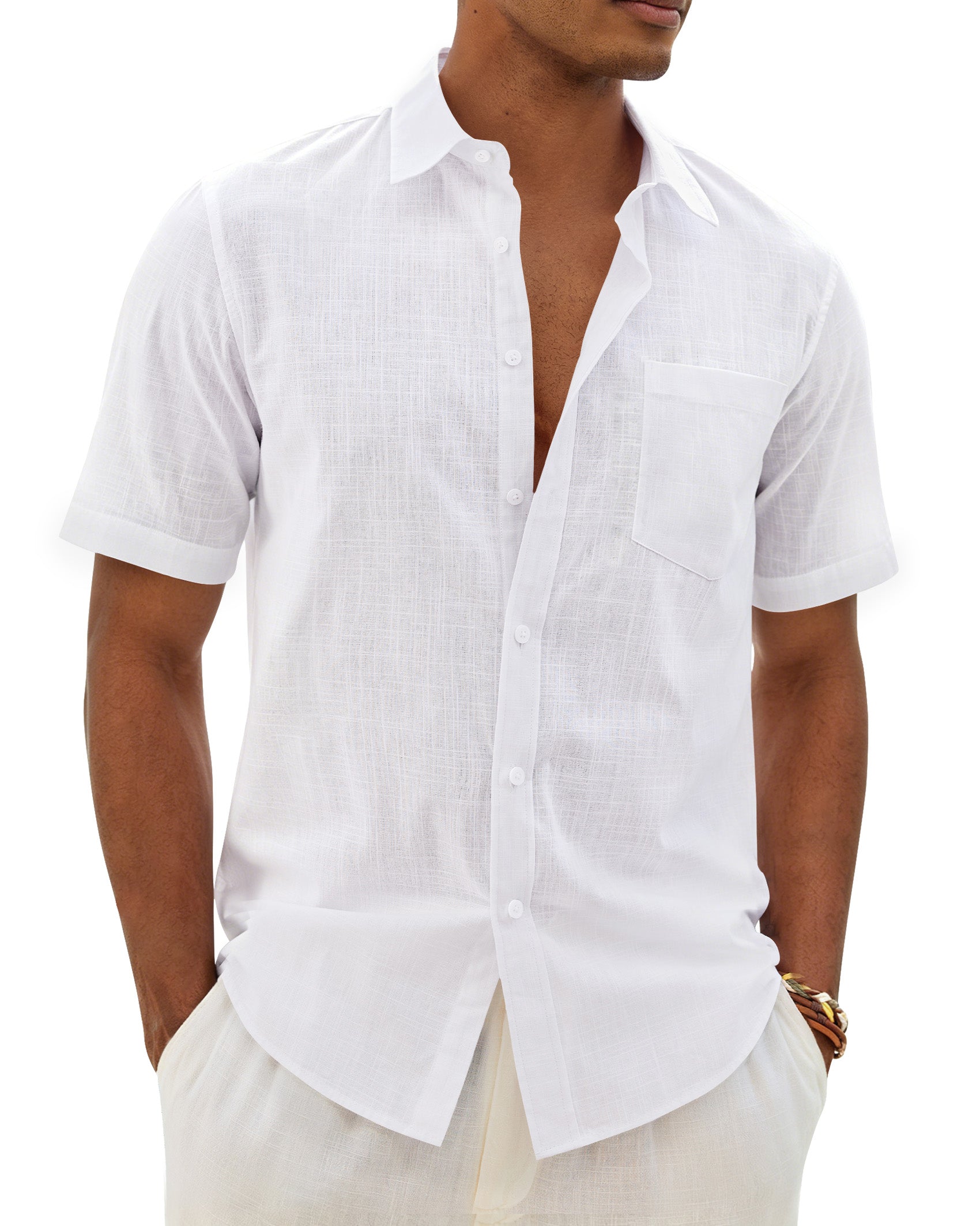 ROUWELL Mens Linen Textured Shirt Short Sleeve Button Down Shirts