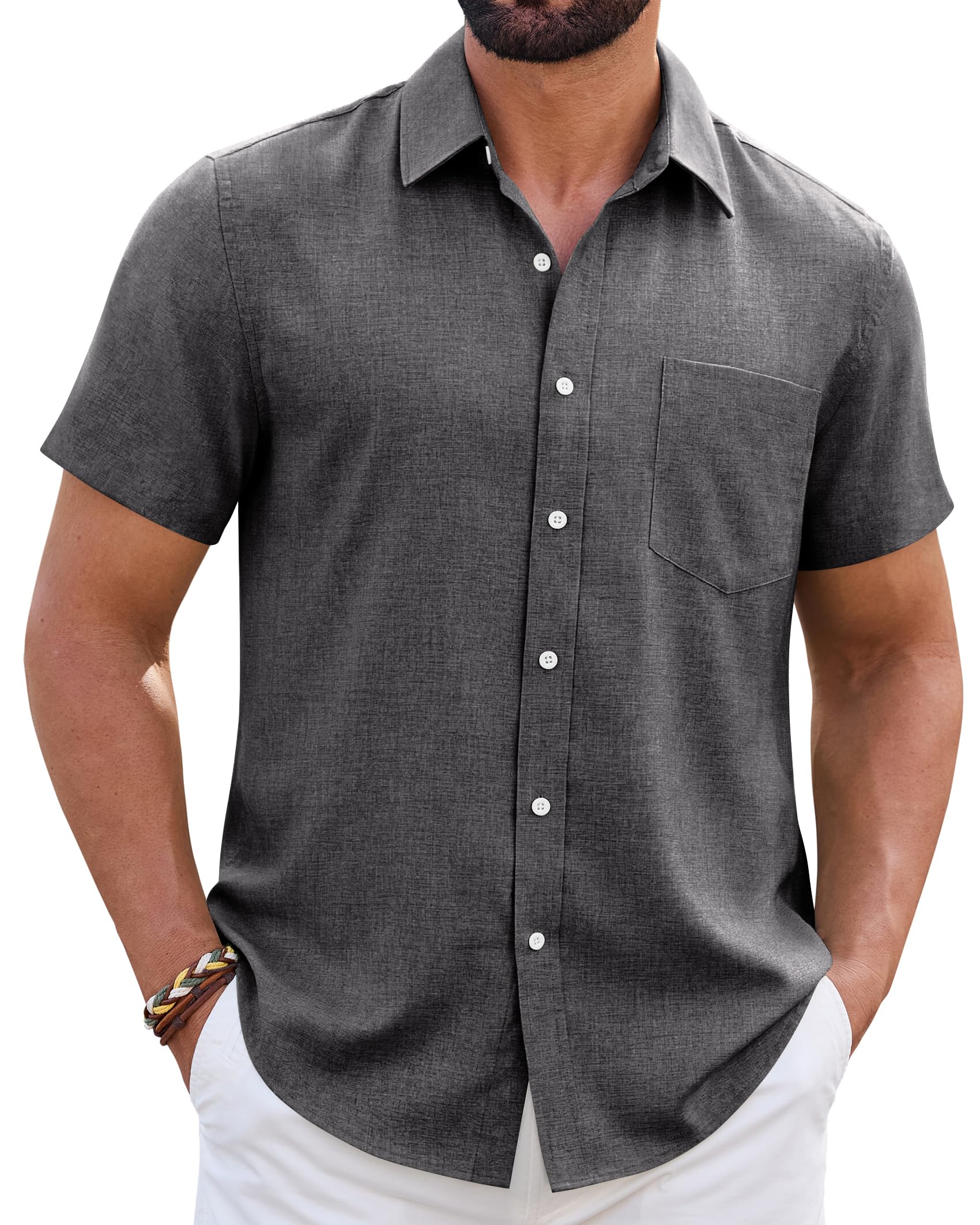 Mens Linen Shirt Short Sleeve Wrinkle Free Casual Untucked Button Down Shirts