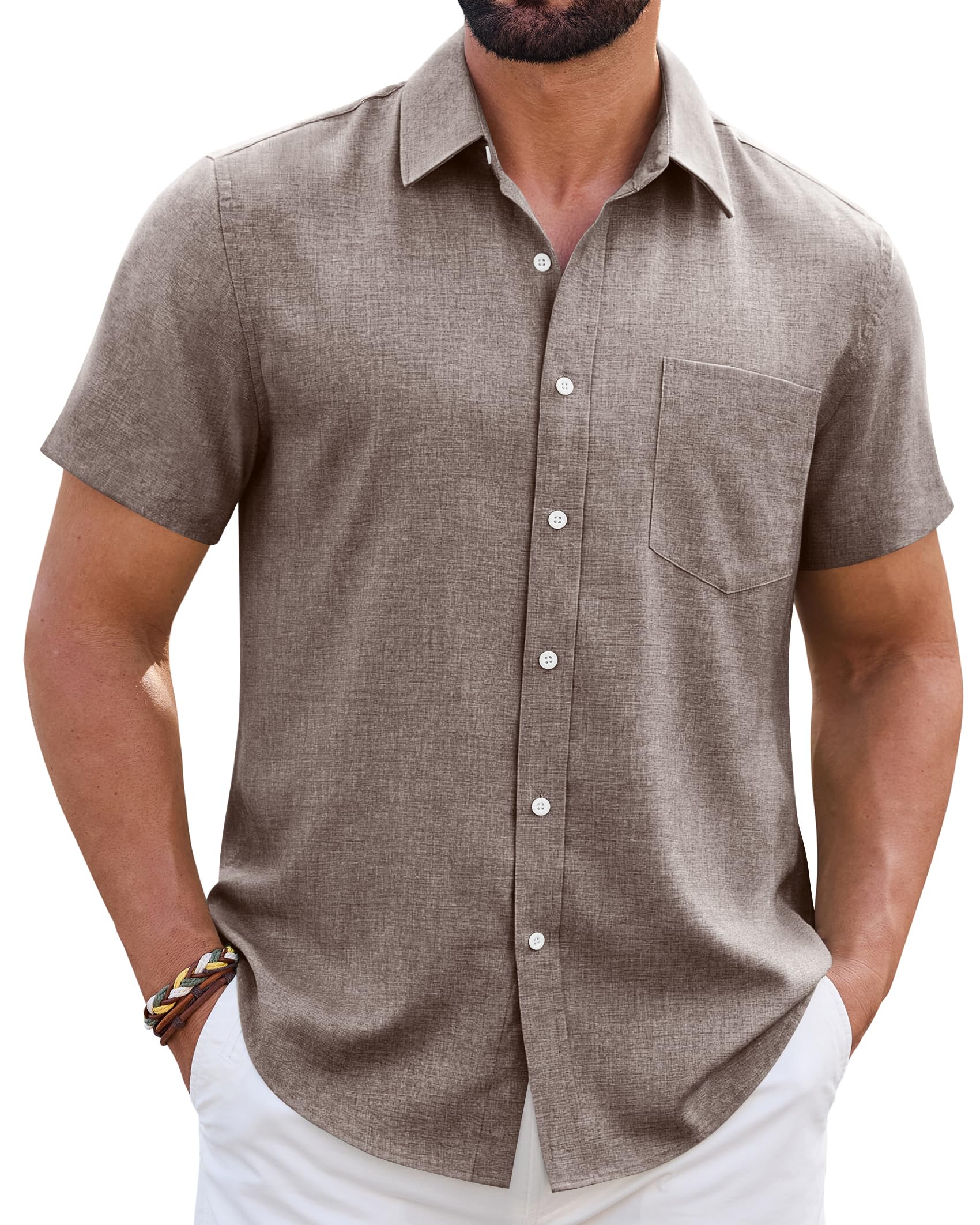 Mens Linen Shirt Short Sleeve Wrinkle Free Casual Untucked Button Down Shirts