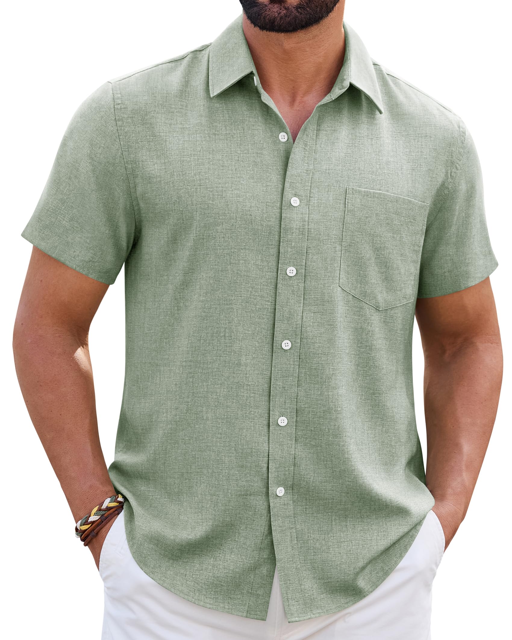 Mens Linen Shirt Short Sleeve Wrinkle Free Casual Untucked Button Down Shirts