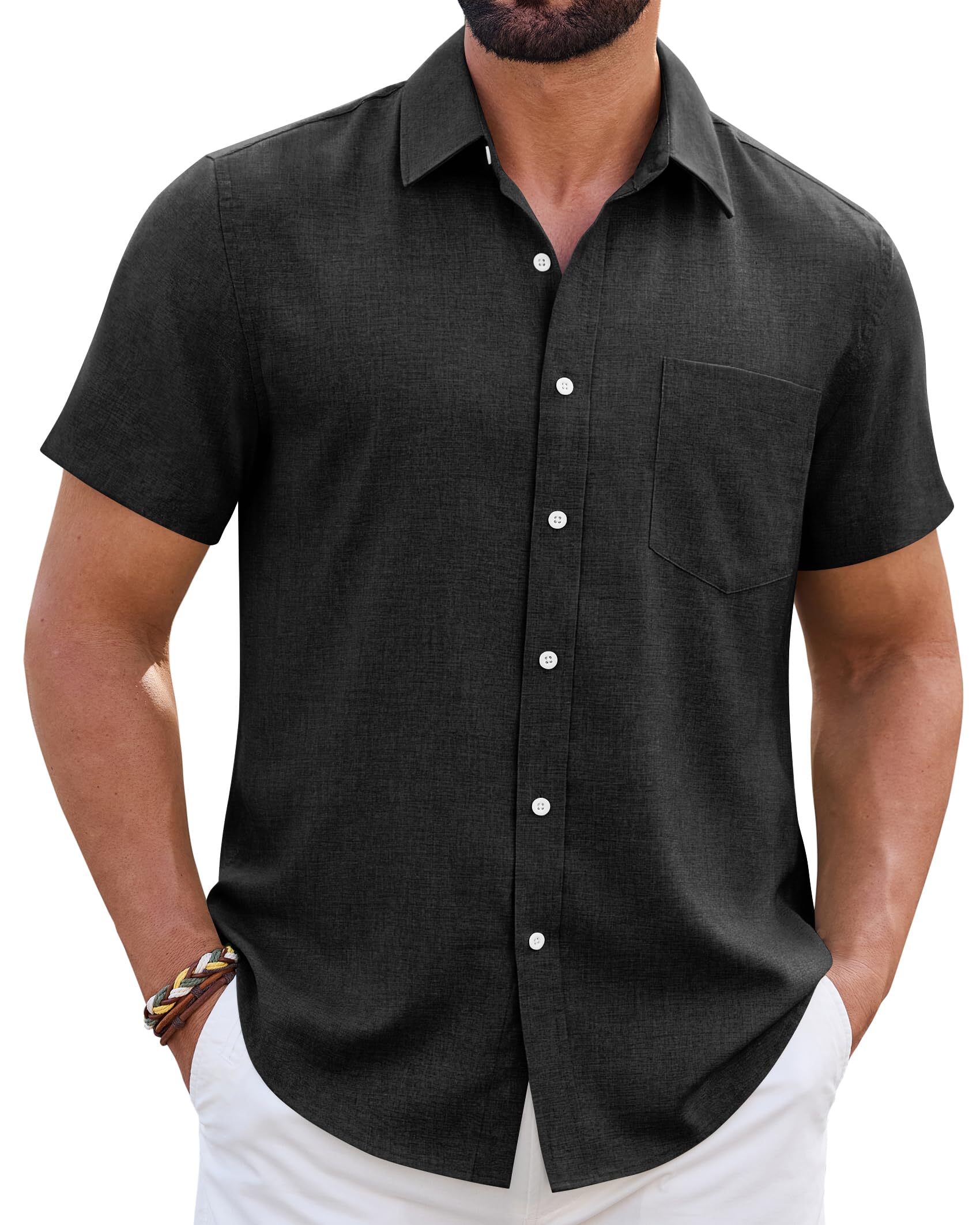 Mens Linen Shirt Short Sleeve Wrinkle Free Casual Untucked Button Down Shirts