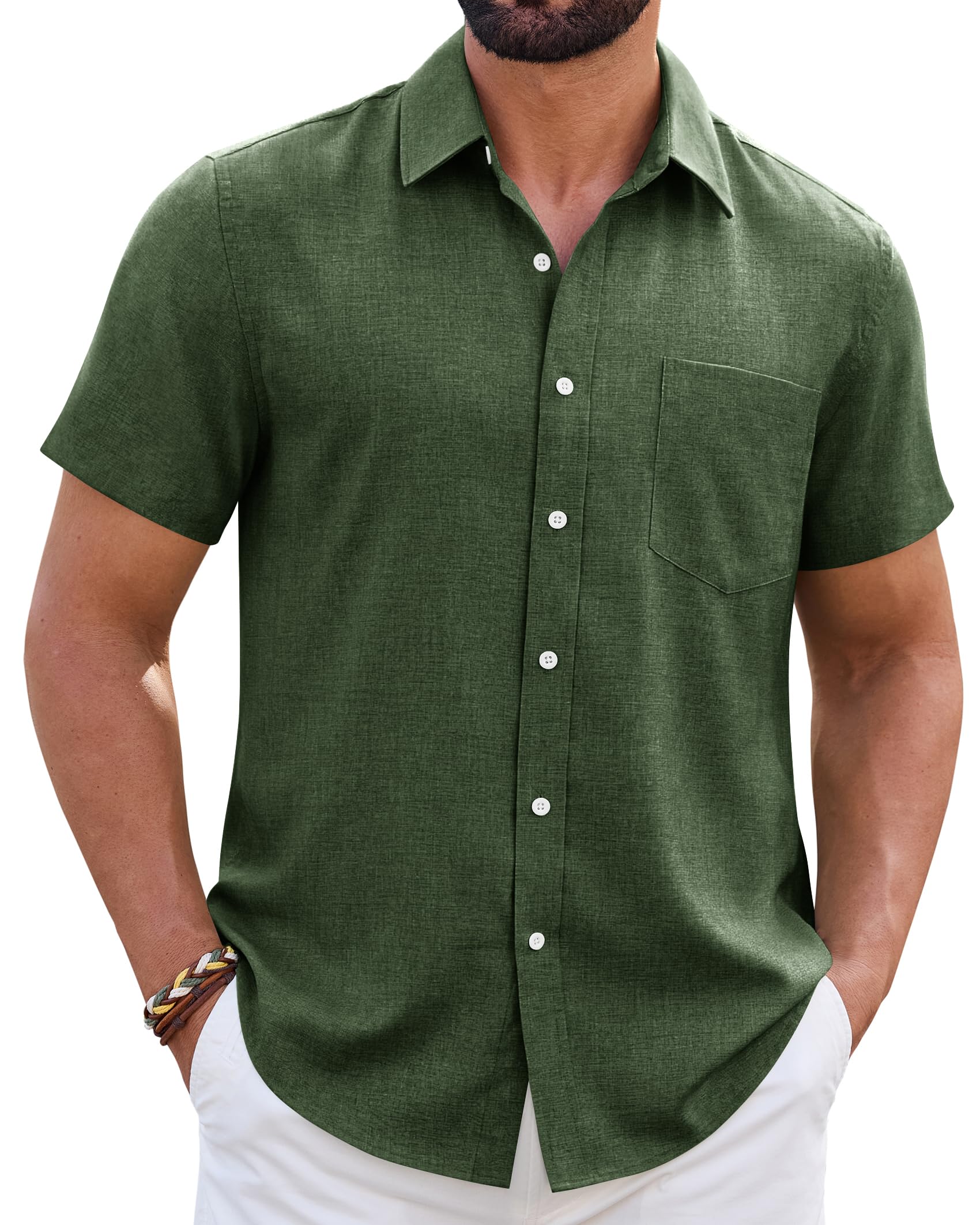 Mens Linen Shirt Short Sleeve Wrinkle Free Casual Untucked Button Down Shirts