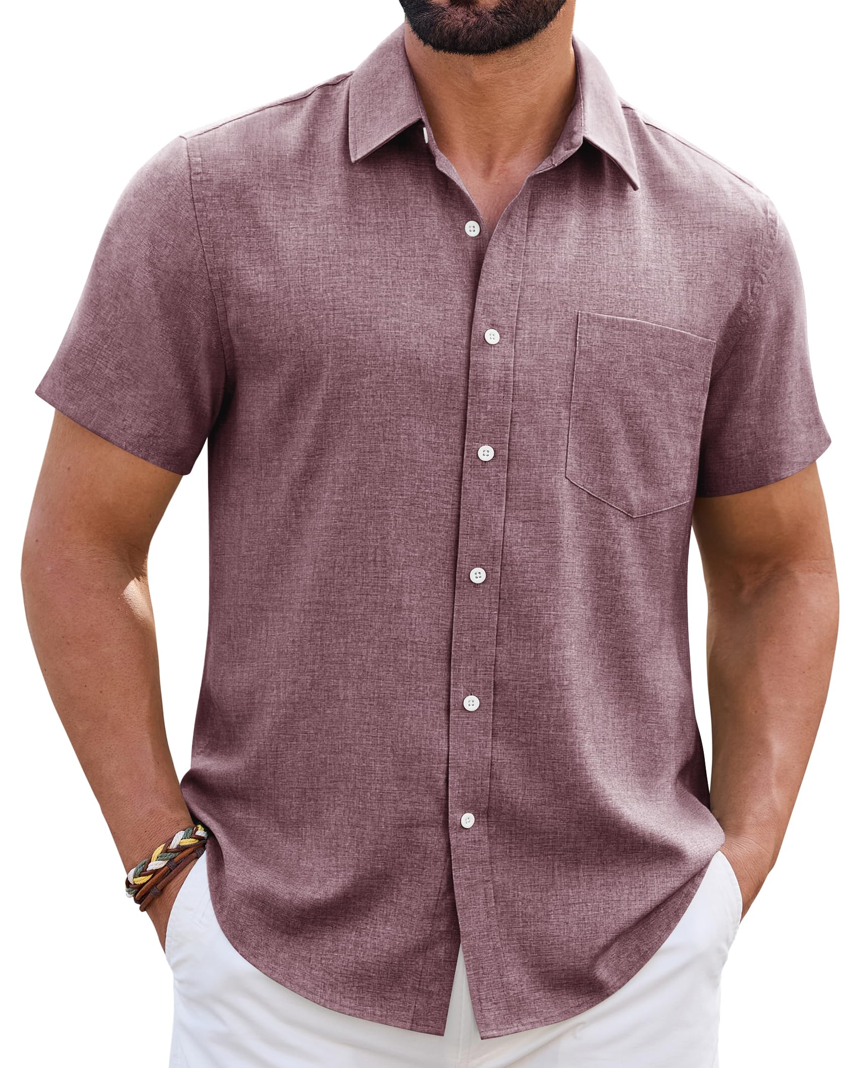 Mens Linen Shirt Short Sleeve Wrinkle Free Casual Untucked Button Down Shirts