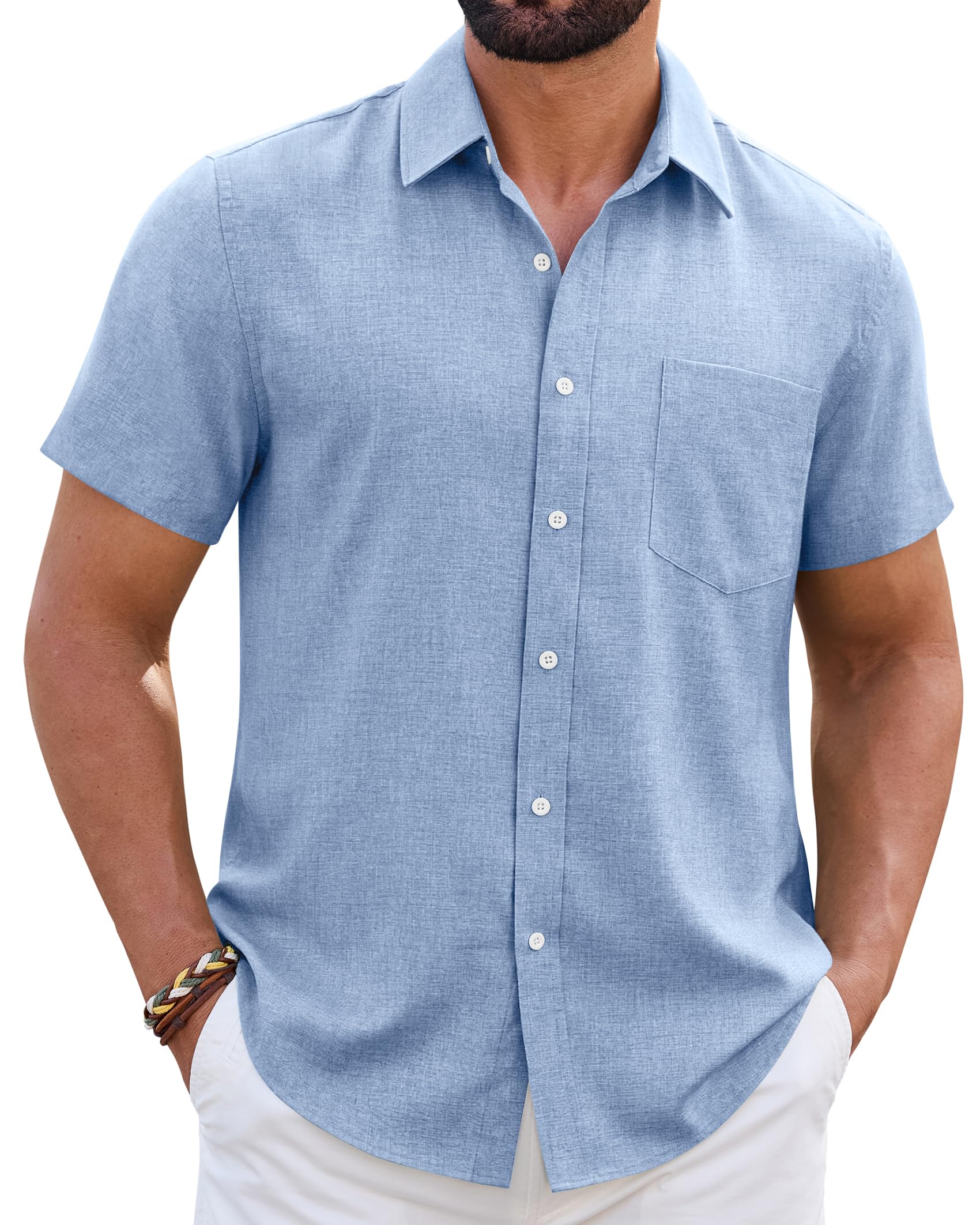Mens Linen Shirt Short Sleeve Wrinkle Free Casual Untucked Button Down Shirts