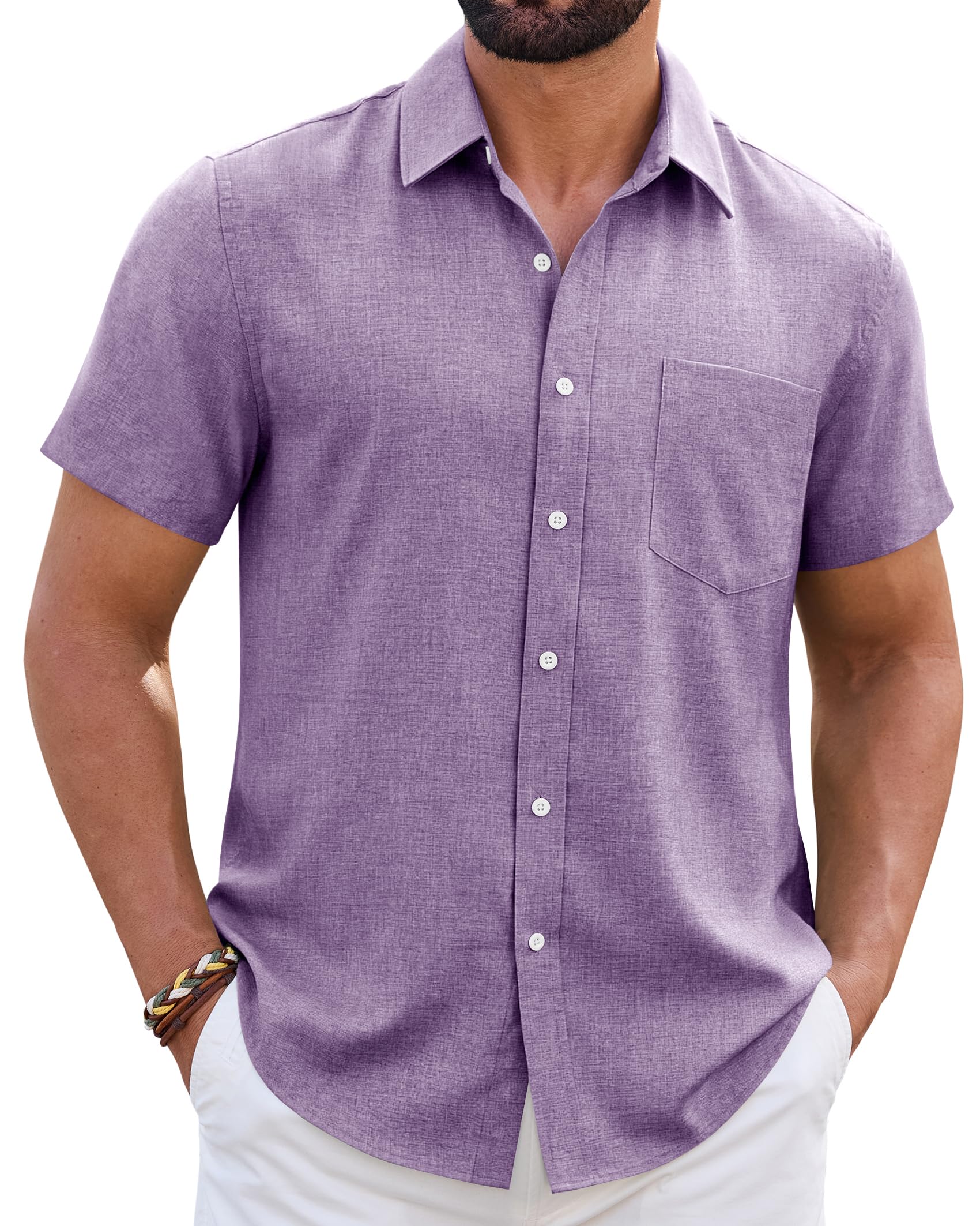 Mens Linen Shirt Short Sleeve Wrinkle Free Casual Untucked Button Down Shirts