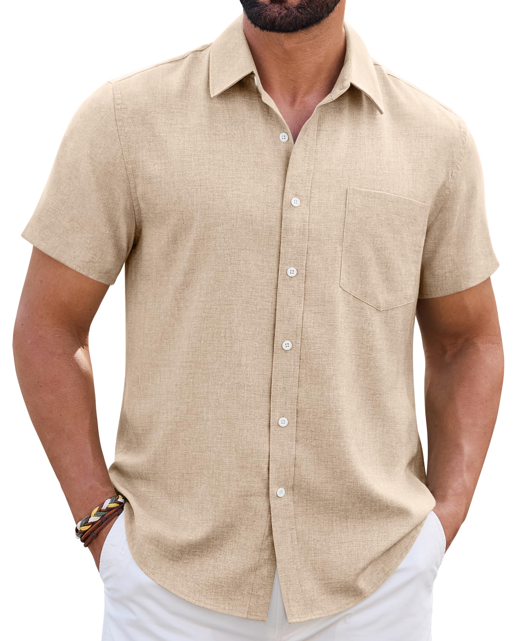 Mens Linen Shirt Short Sleeve Wrinkle Free Casual Untucked Button Down Shirts