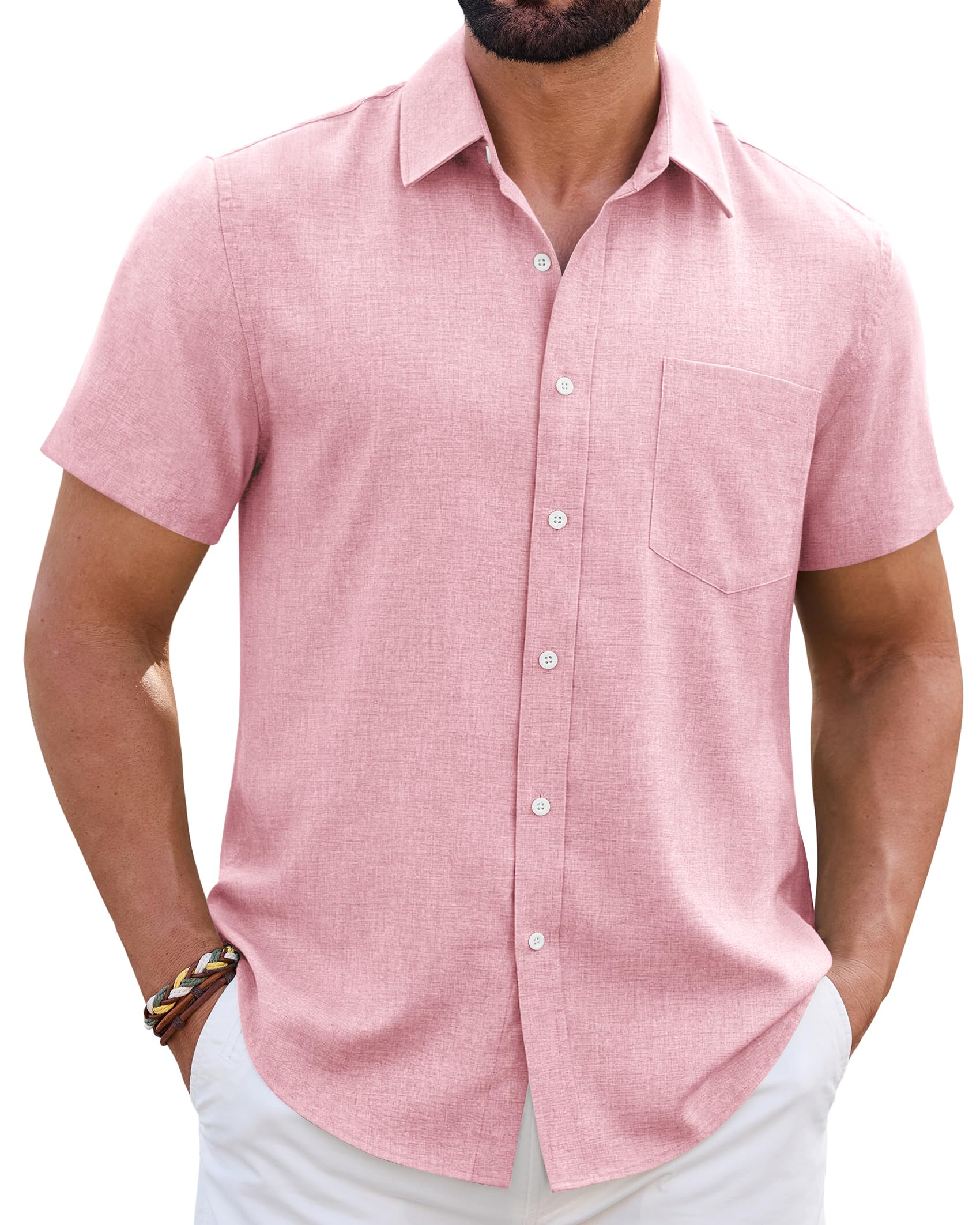 Mens Linen Shirt Short Sleeve Wrinkle Free Casual Untucked Button Down Shirts