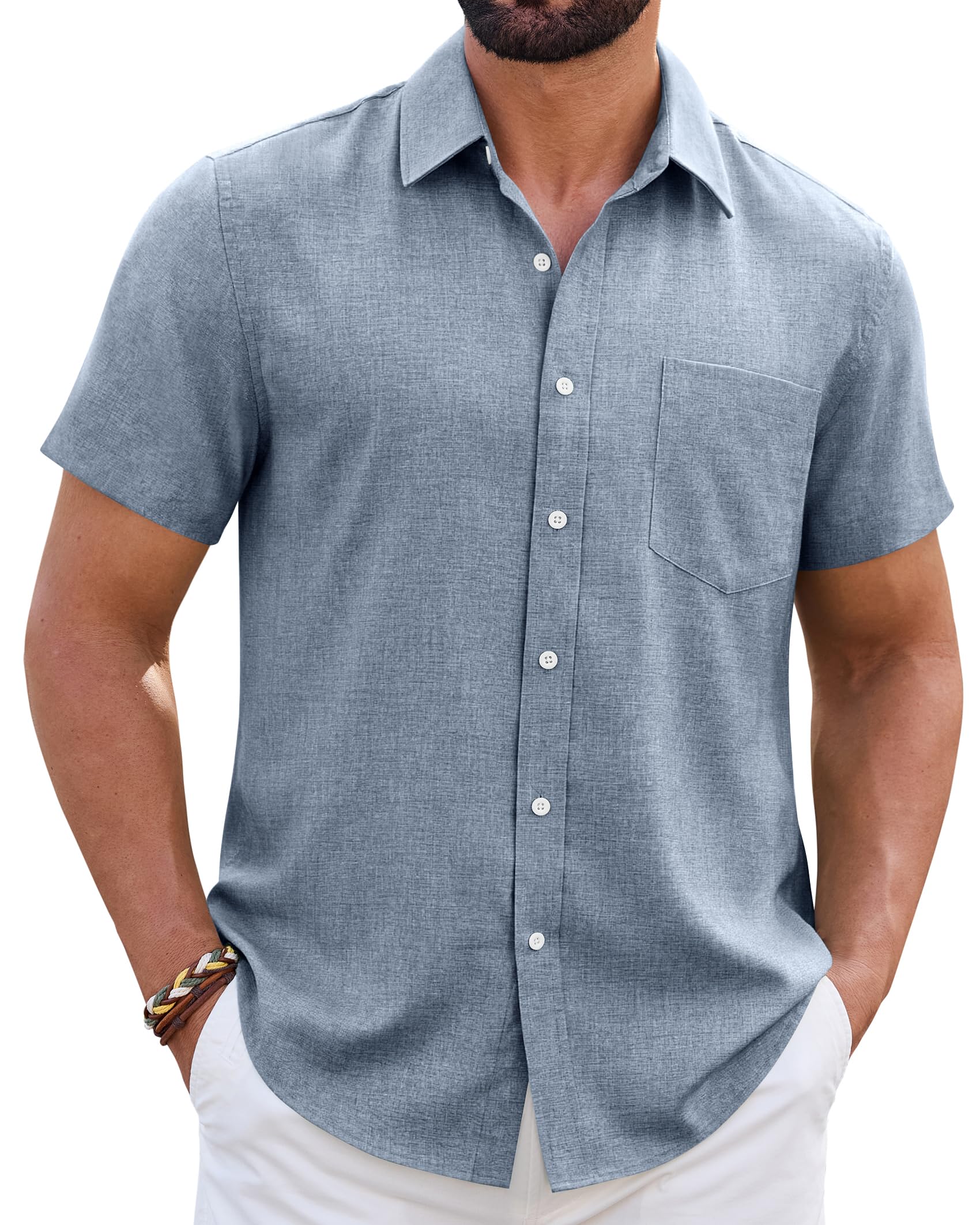 Mens Linen Shirt Short Sleeve Wrinkle Free Casual Untucked Button Down Shirts
