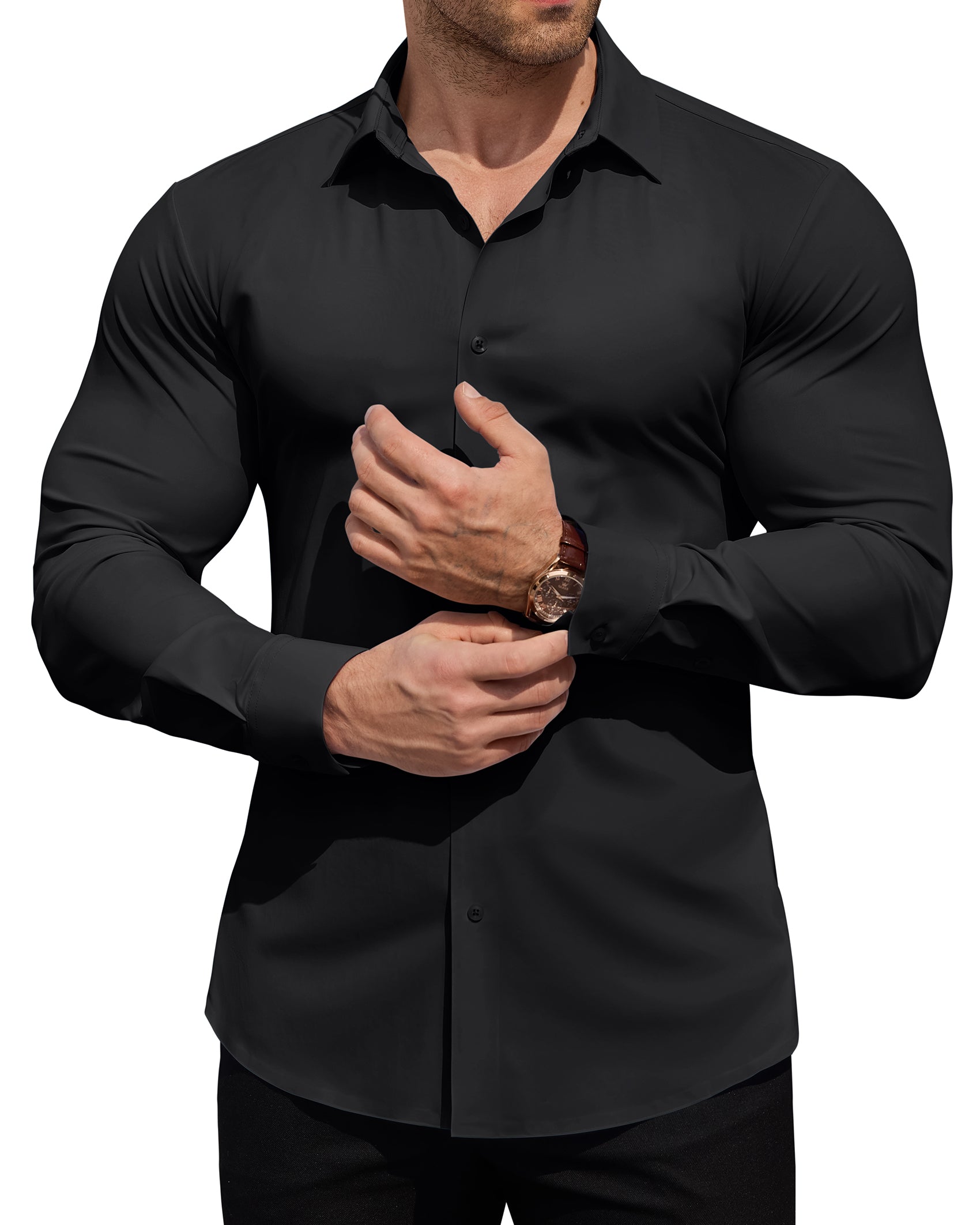 ROUWELL Men's High-Stretch Dress Shirts Muscle Fit Wrinkle Free Long Sleeve