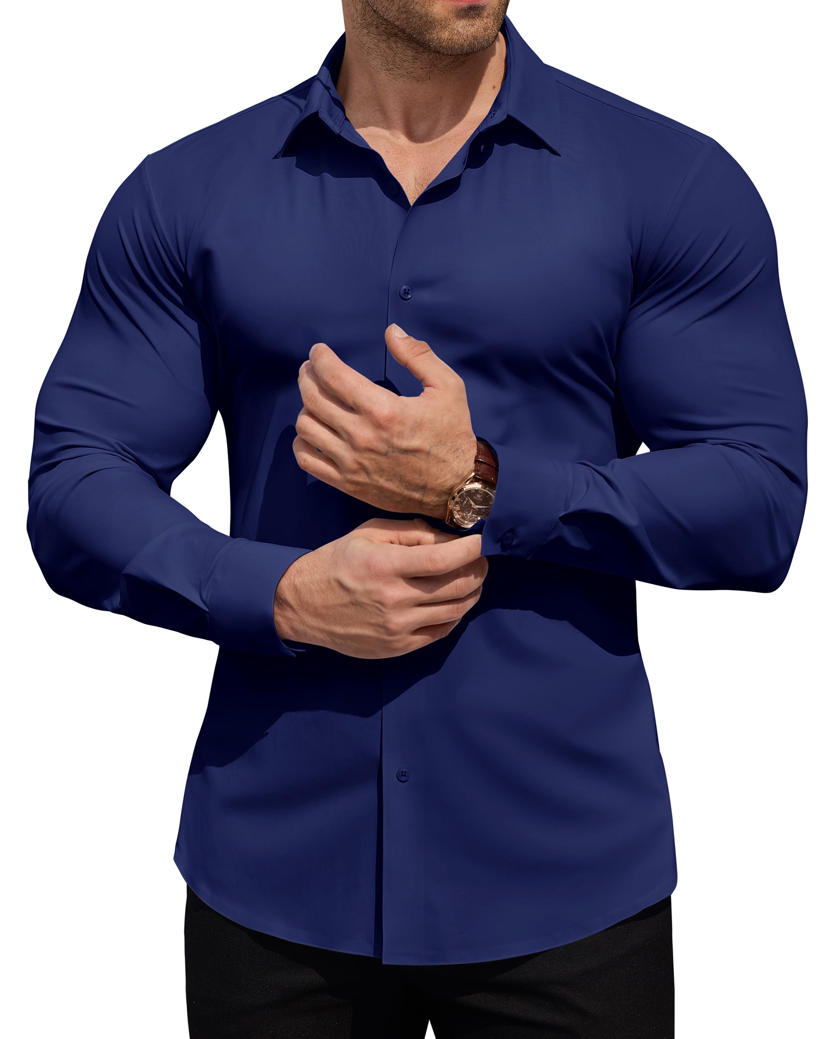 ROUWELL Men's High-Stretch Dress Shirts Muscle Fit Wrinkle Free Long Sleeve