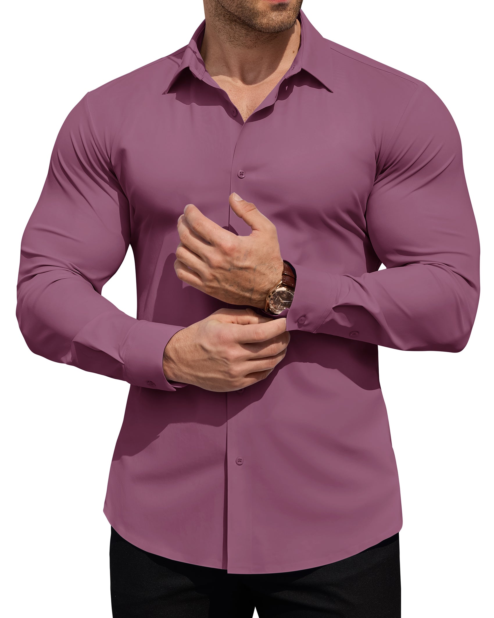 ROUWELL Men's High-Stretch Dress Shirts Muscle Fit Wrinkle Free Long Sleeve