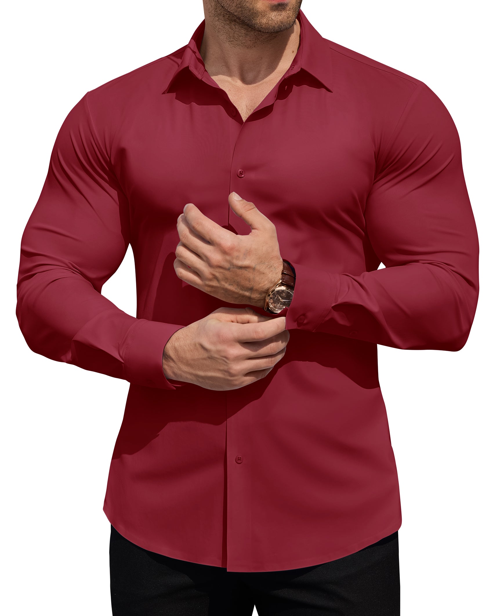 ROUWELL Men's High-Stretch Dress Shirts Muscle Fit Wrinkle Free Long Sleeve