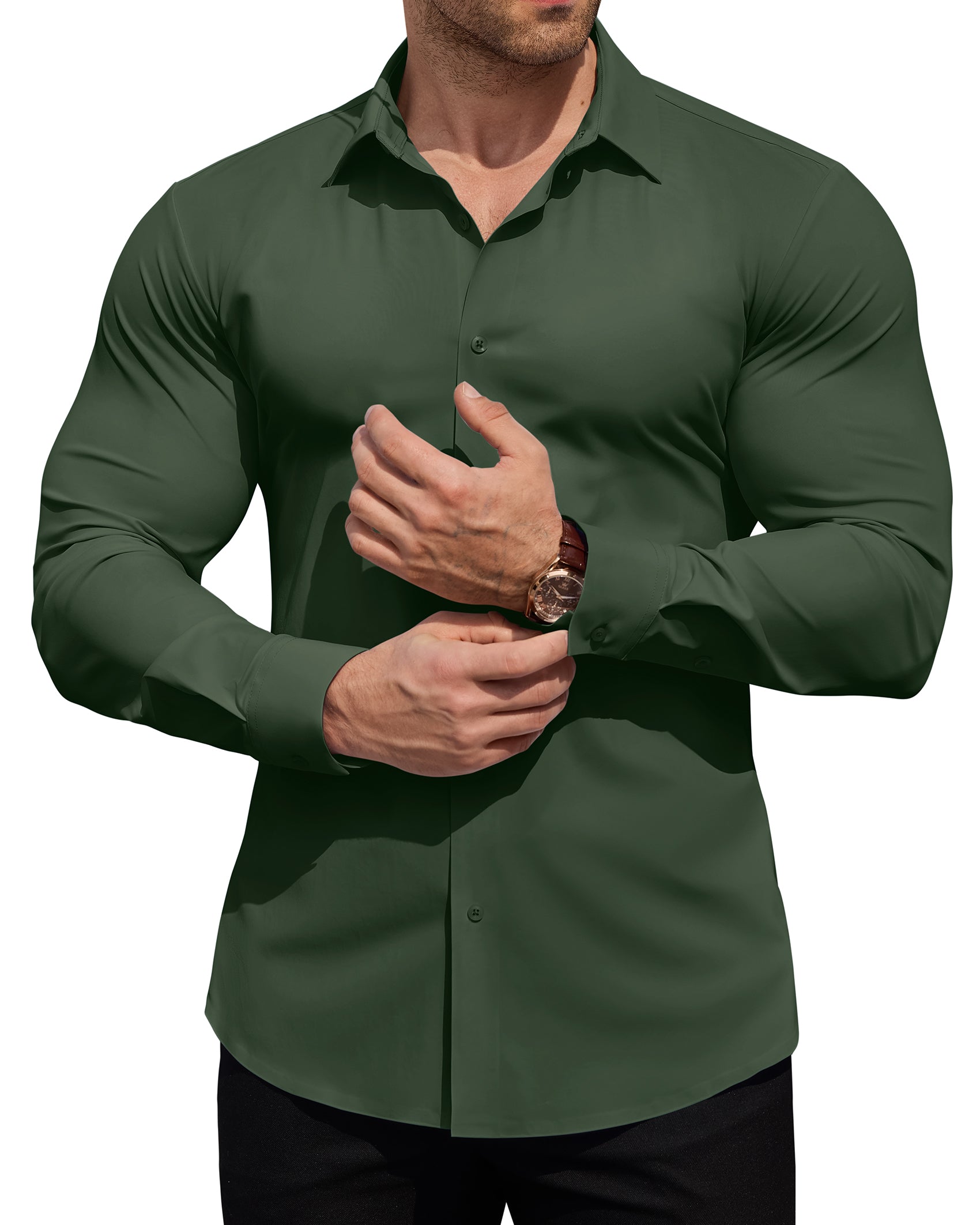 ROUWELL Men's High-Stretch Dress Shirts Muscle Fit Wrinkle Free Long Sleeve