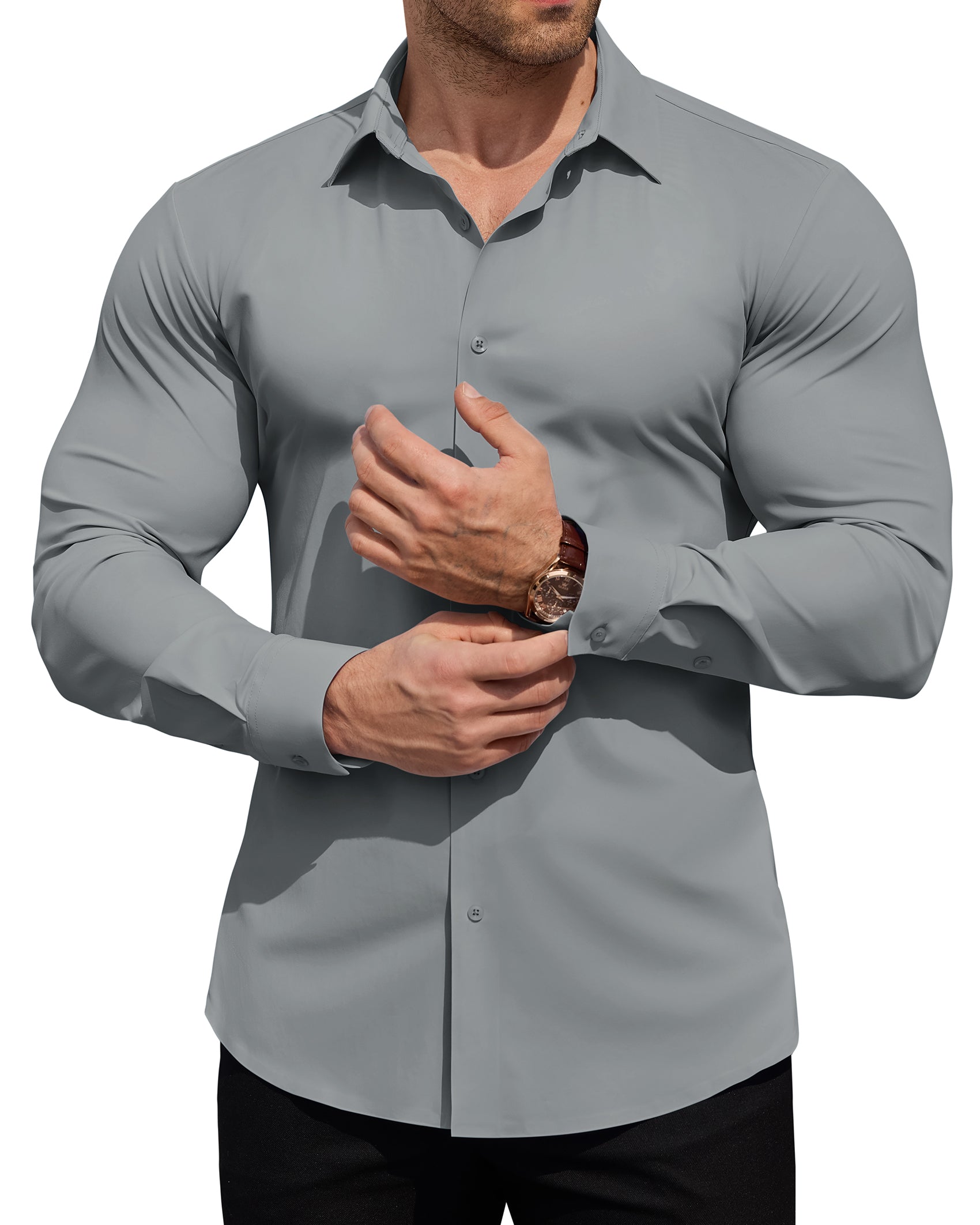 ROUWELL Men's High-Stretch Dress Shirts Muscle Fit Wrinkle Free Long Sleeve