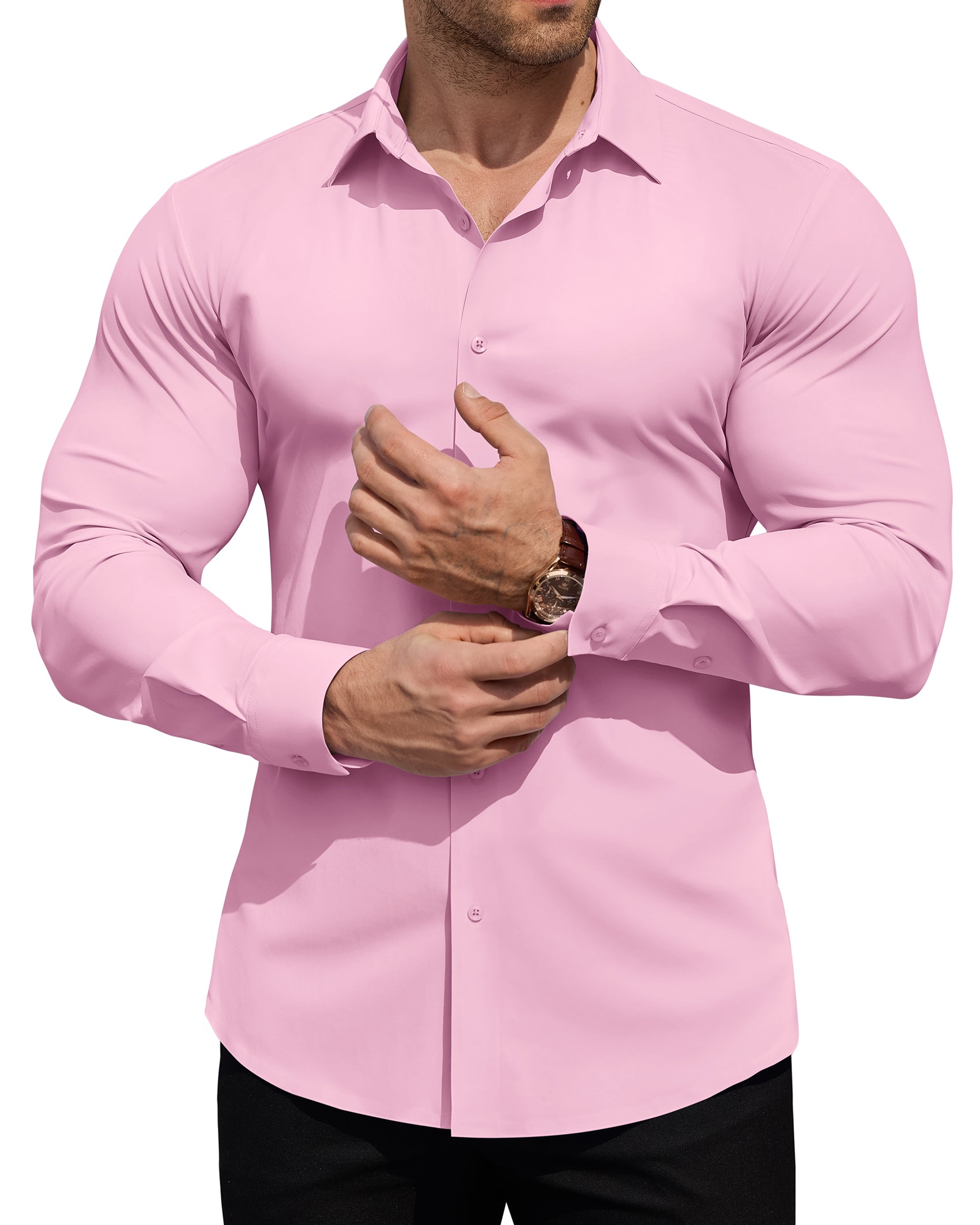 ROUWELL Men's High-Stretch Dress Shirts Muscle Fit Wrinkle Free Long Sleeve