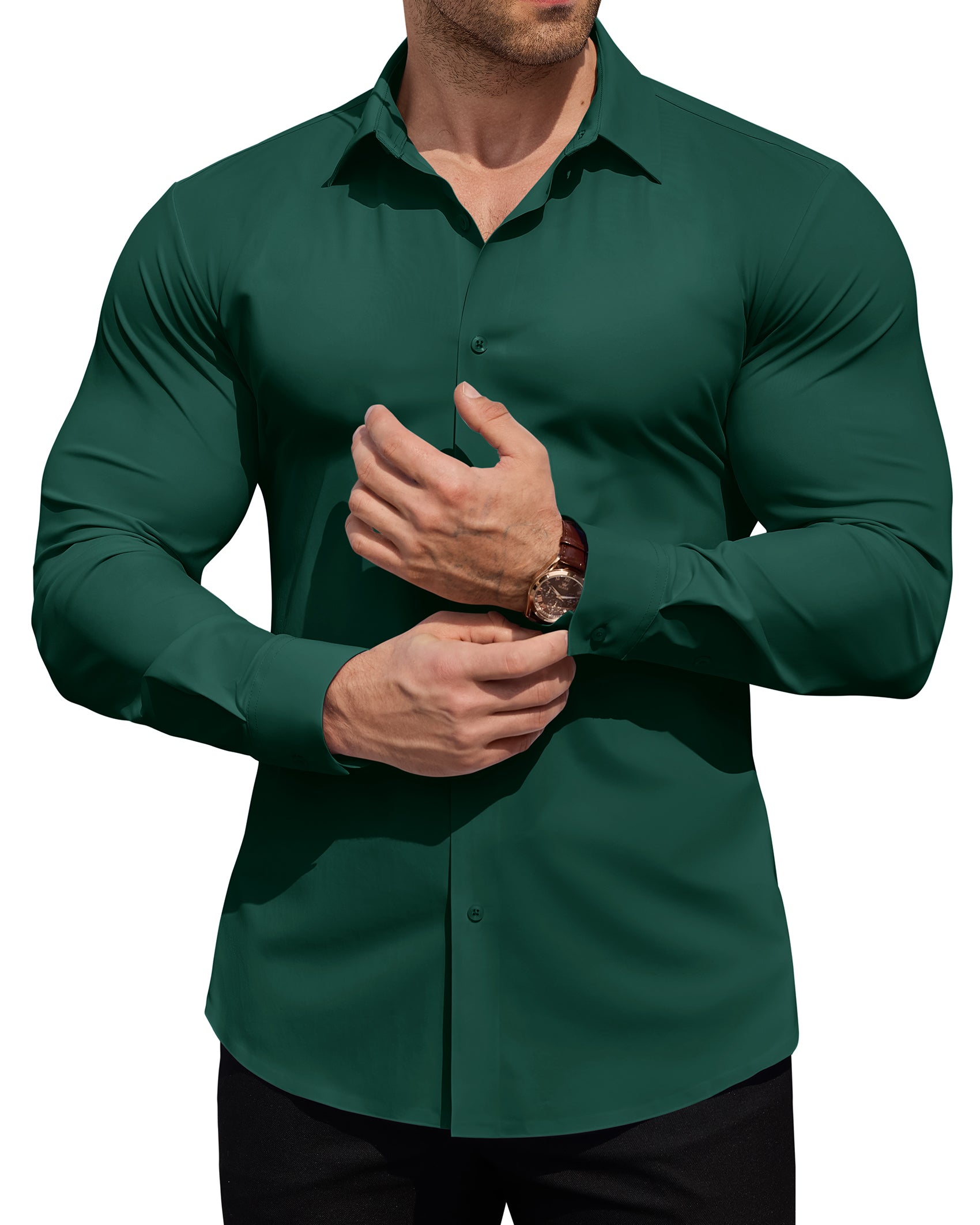 ROUWELL Men's High-Stretch Dress Shirts Muscle Fit Wrinkle Free Long Sleeve