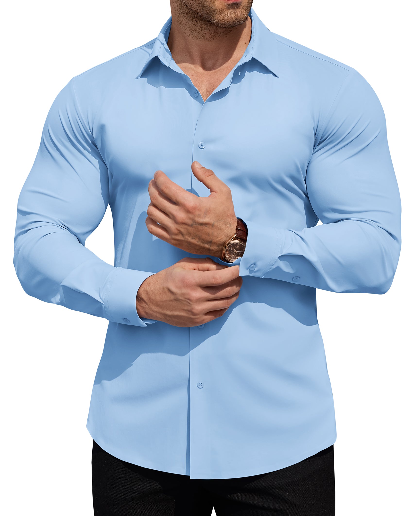 ROUWELL Men's High-Stretch Dress Shirts Muscle Fit Wrinkle Free Long Sleeve