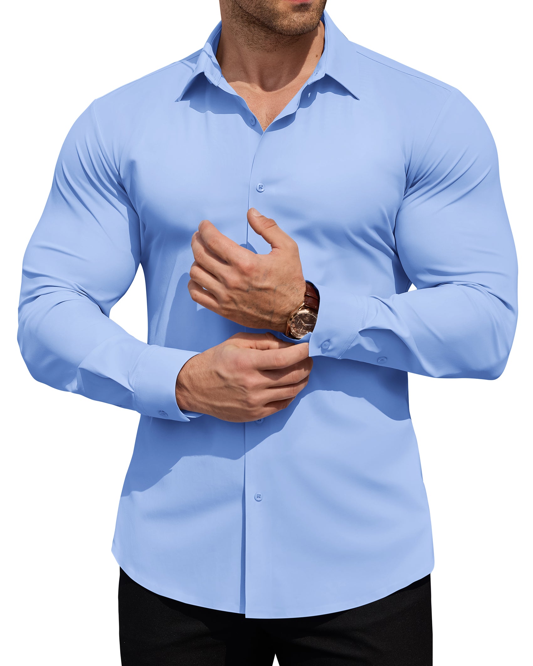 ROUWELL Men's High-Stretch Dress Shirts Muscle Fit Wrinkle Free Long Sleeve