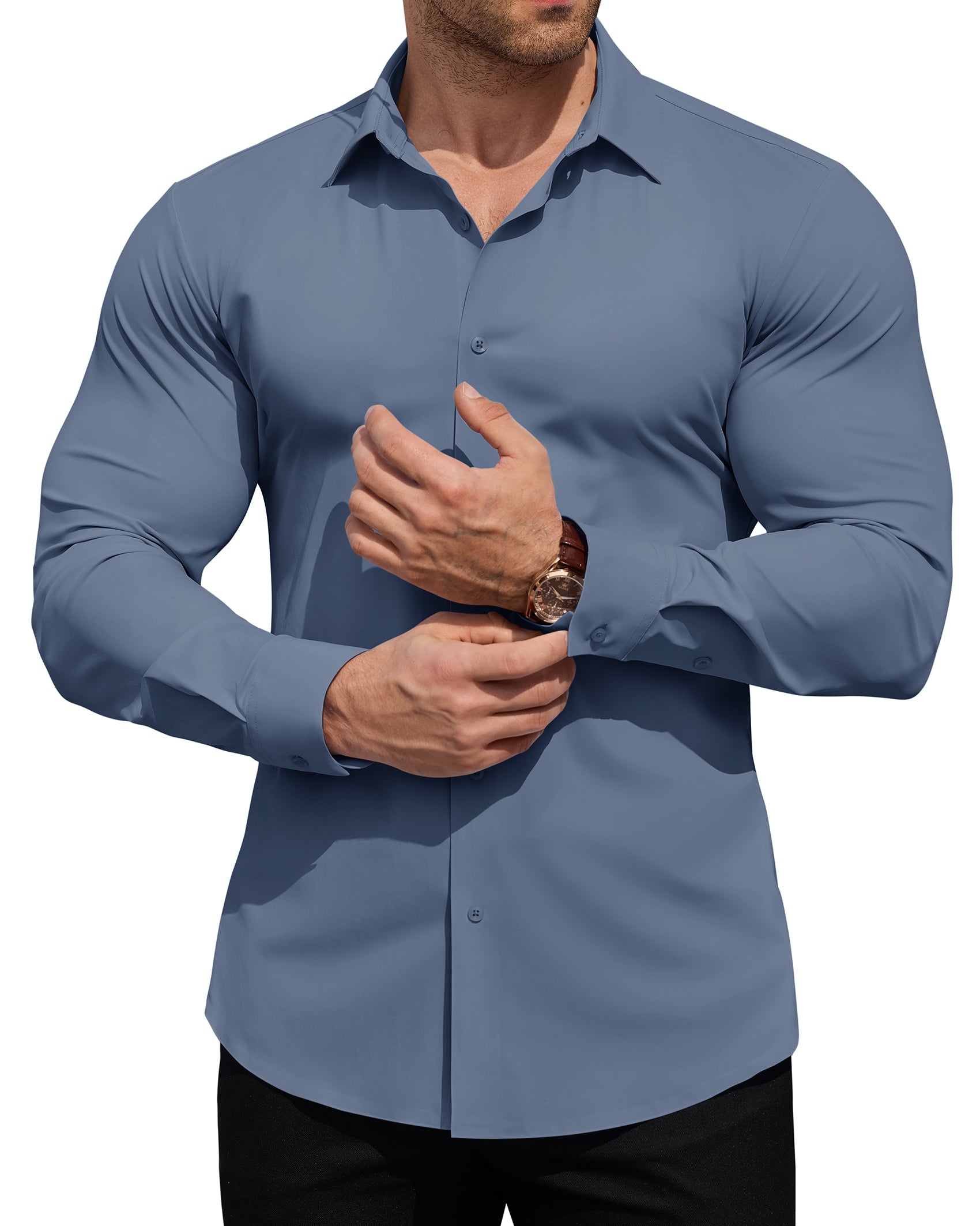 ROUWELL Men's High-Stretch Dress Shirts Muscle Fit Wrinkle Free Long Sleeve