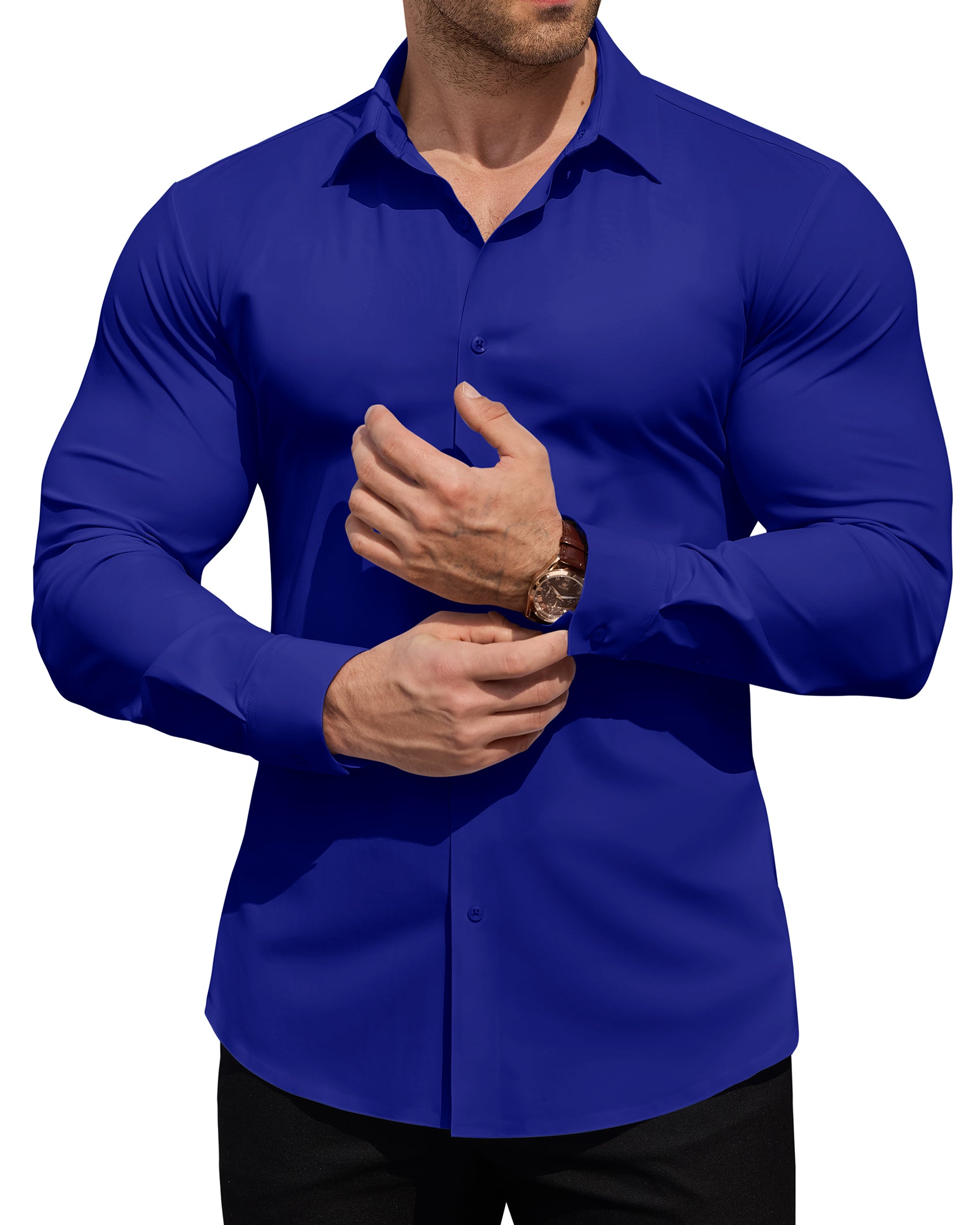 ROUWELL Men's High-Stretch Dress Shirts Muscle Fit Wrinkle Free Long Sleeve