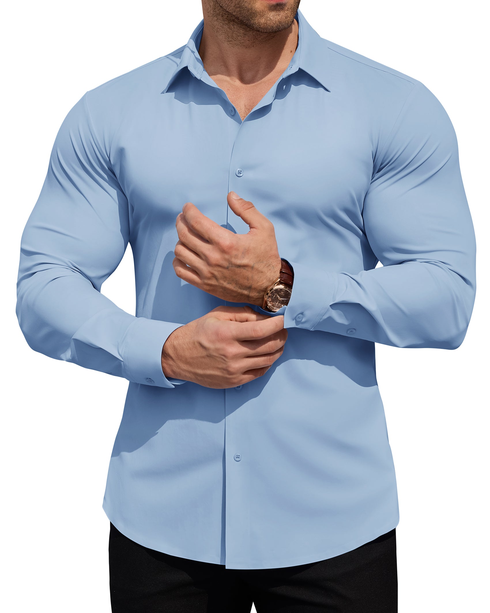 ROUWELL Men's High-Stretch Dress Shirts Muscle Fit Wrinkle Free Long Sleeve