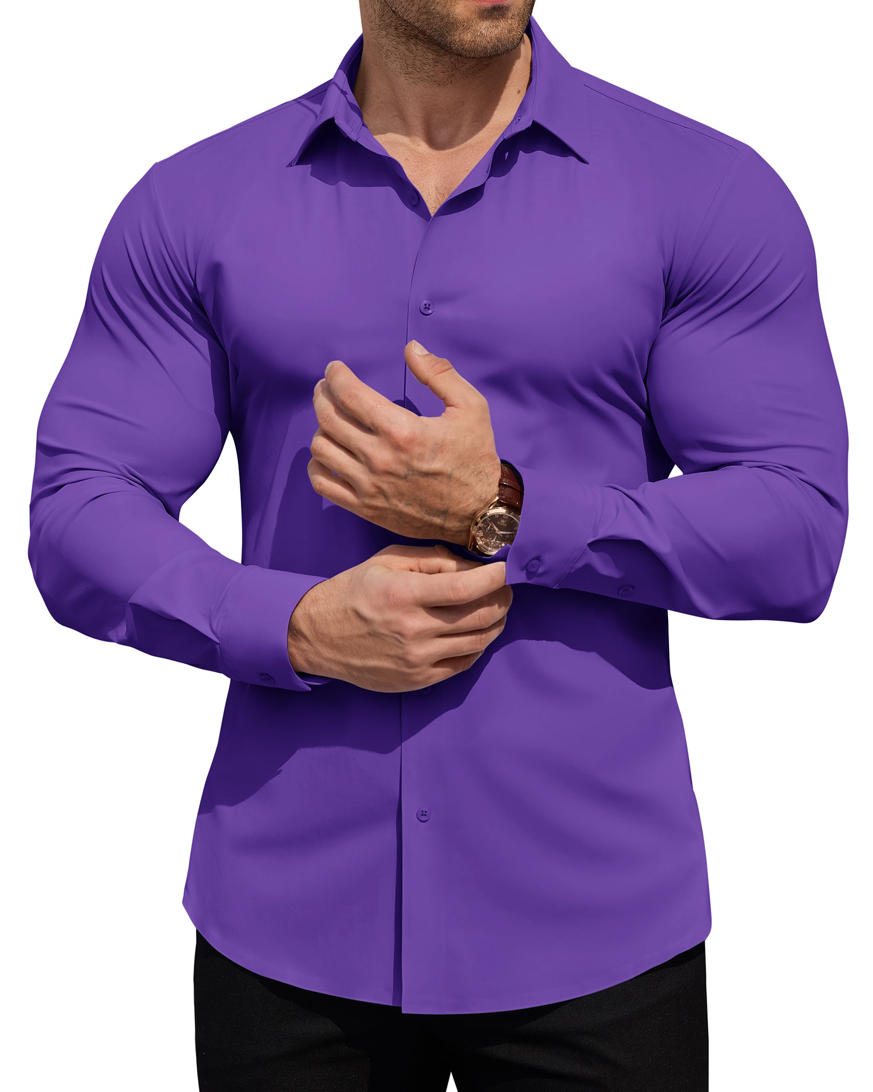 ROUWELL Men's High-Stretch Dress Shirts Muscle Fit Wrinkle Free Long Sleeve