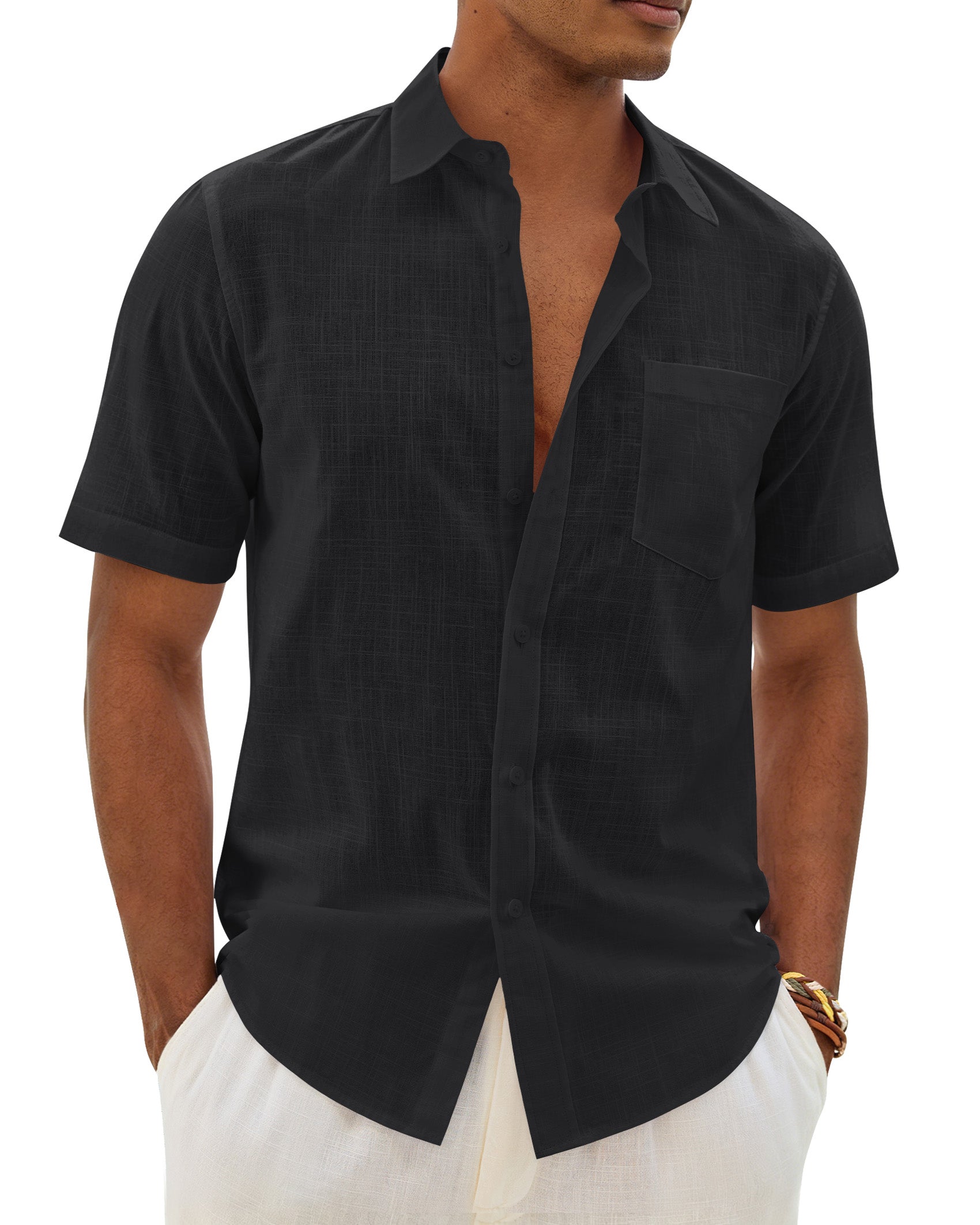 ROUWELL Mens Linen Textured Shirt Short Sleeve Button Down Shirts
