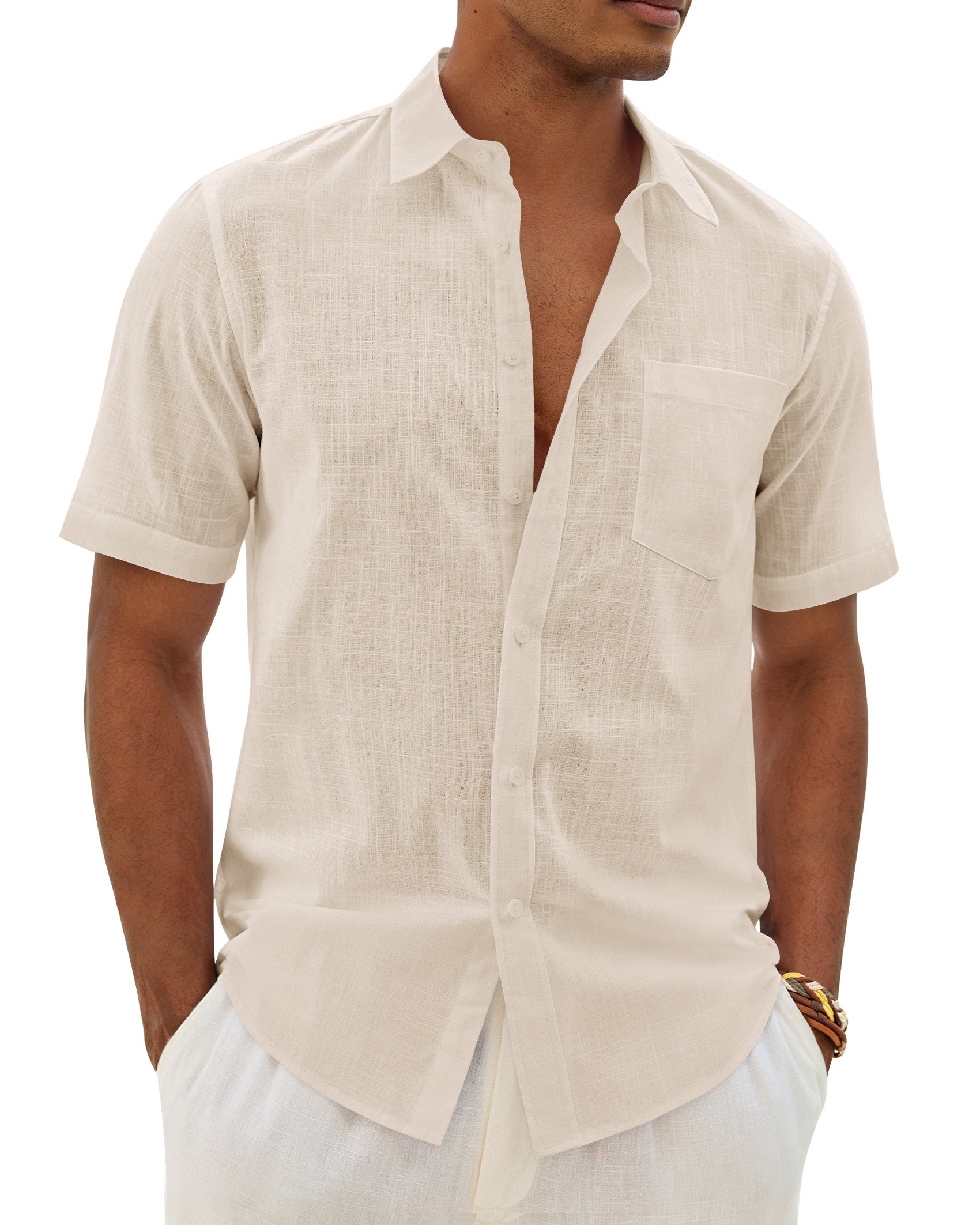 ROUWELL Mens Linen Textured Shirt Short Sleeve Button Down Shirts