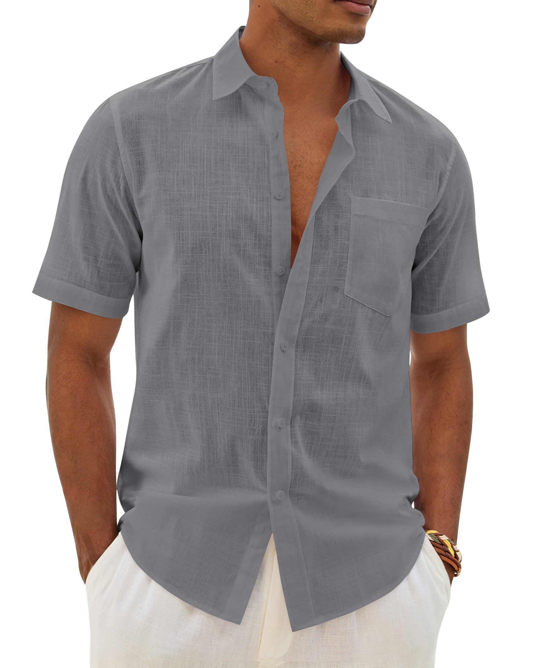 ROUWELL Mens Linen Textured Shirt Short Sleeve Button Down Shirts