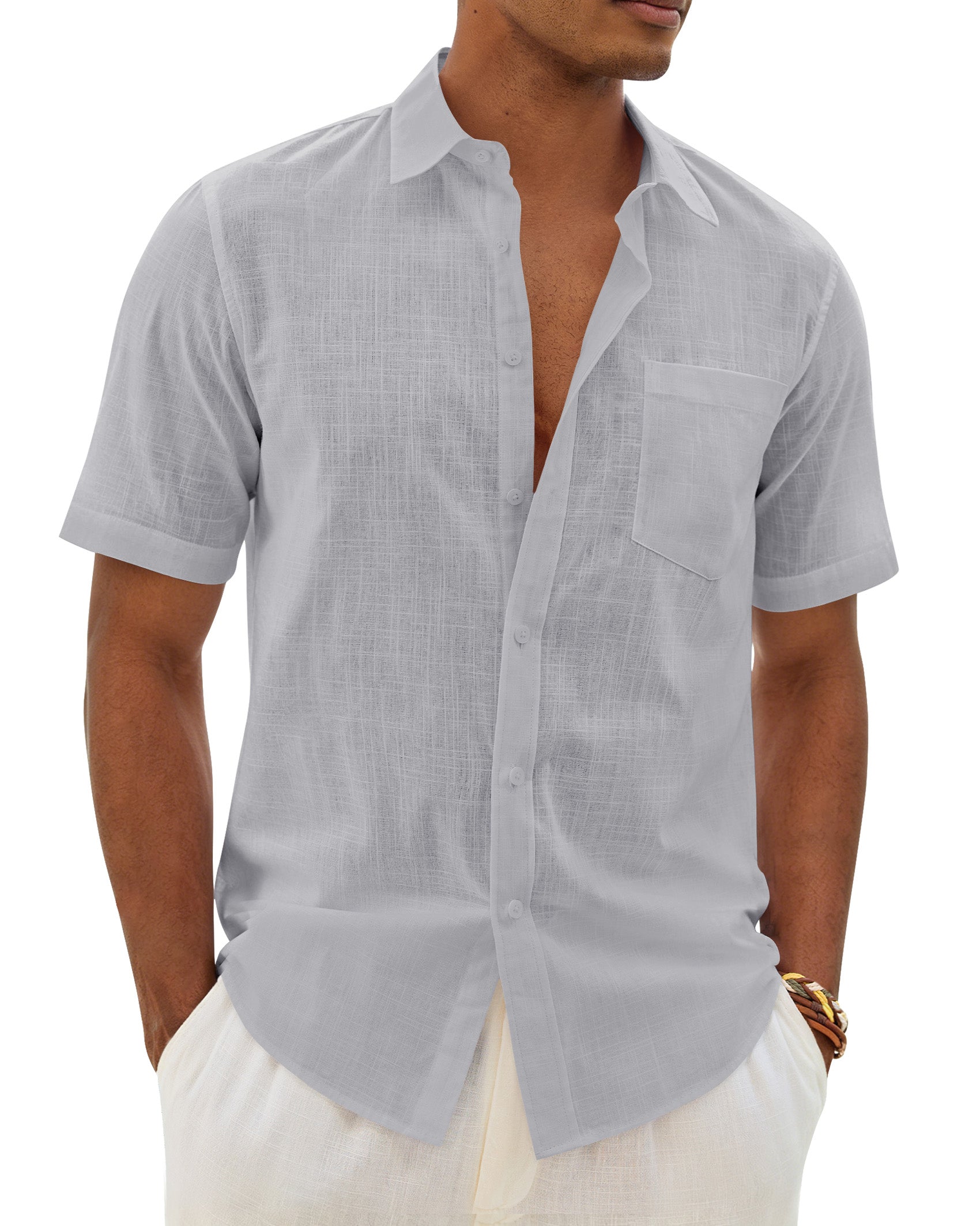 ROUWELL Mens Linen Textured Shirt Short Sleeve Button Down Shirts