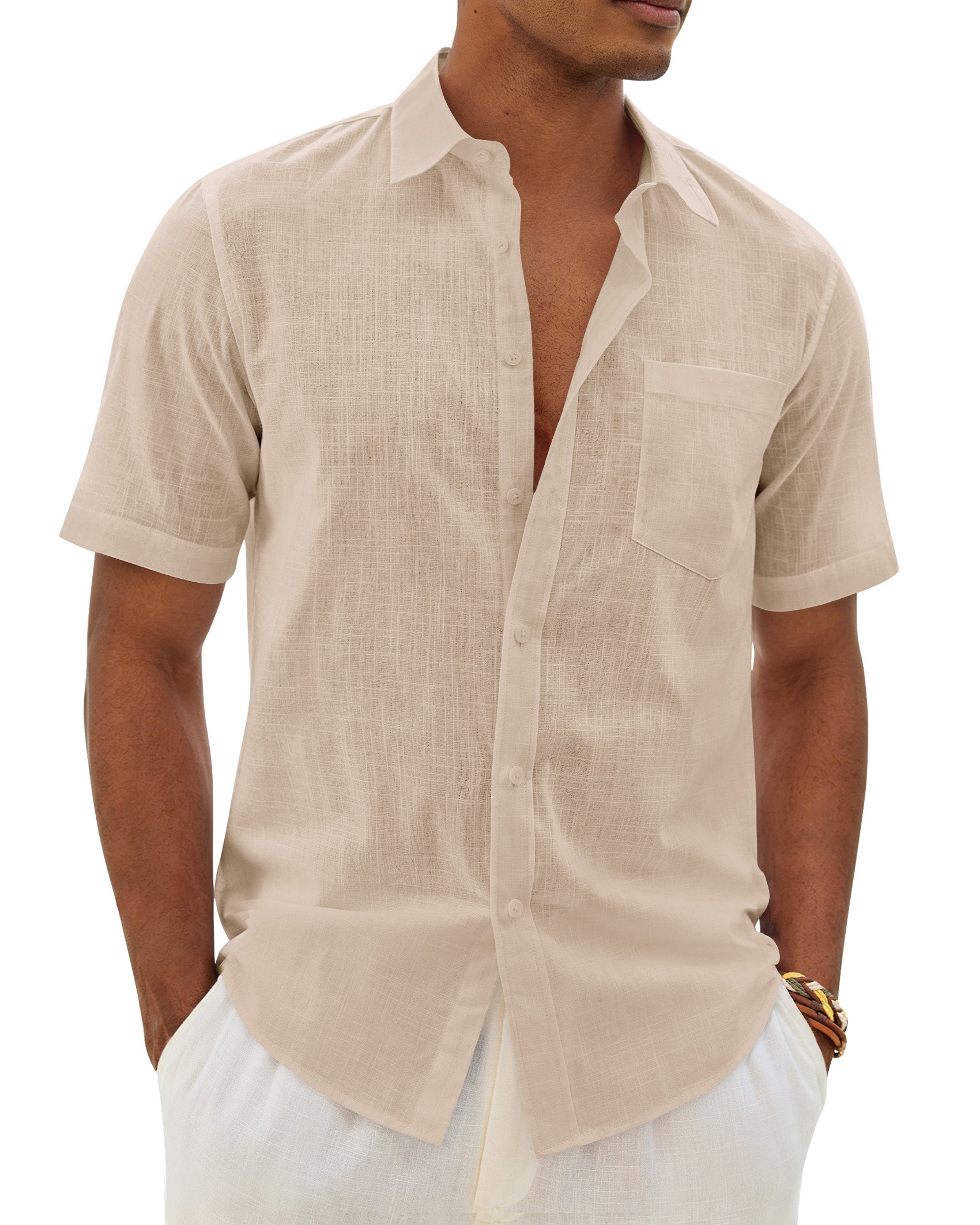 ROUWELL Mens Linen Textured Shirt Short Sleeve Button Down Shirts