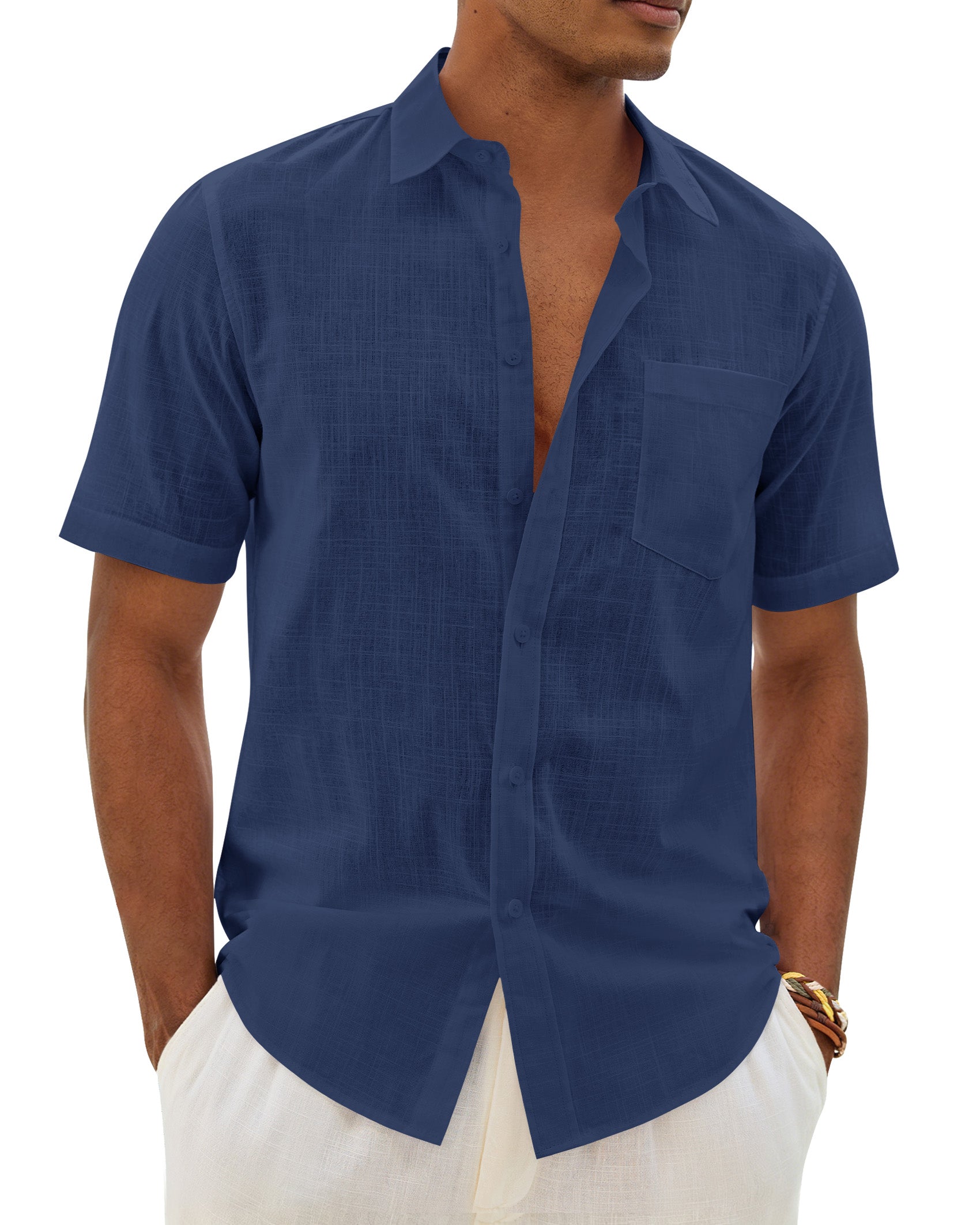 ROUWELL Mens Linen Textured Shirt Short Sleeve Button Down Shirts
