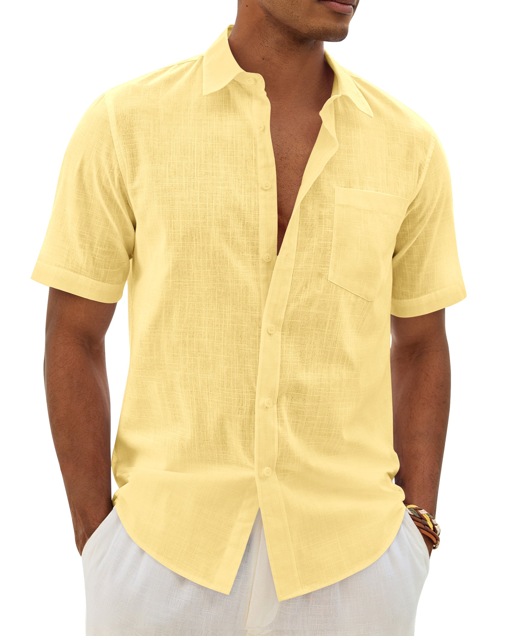 ROUWELL Mens Linen Textured Shirt Short Sleeve Button Down Shirts